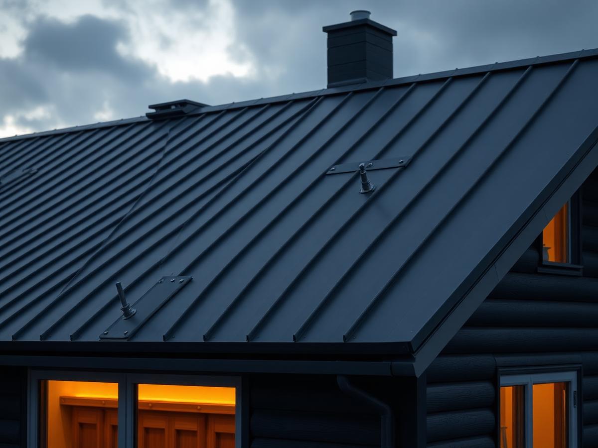 Nytt stående söm-plåttak i antracit på en modern svensk villa i kvällsljus