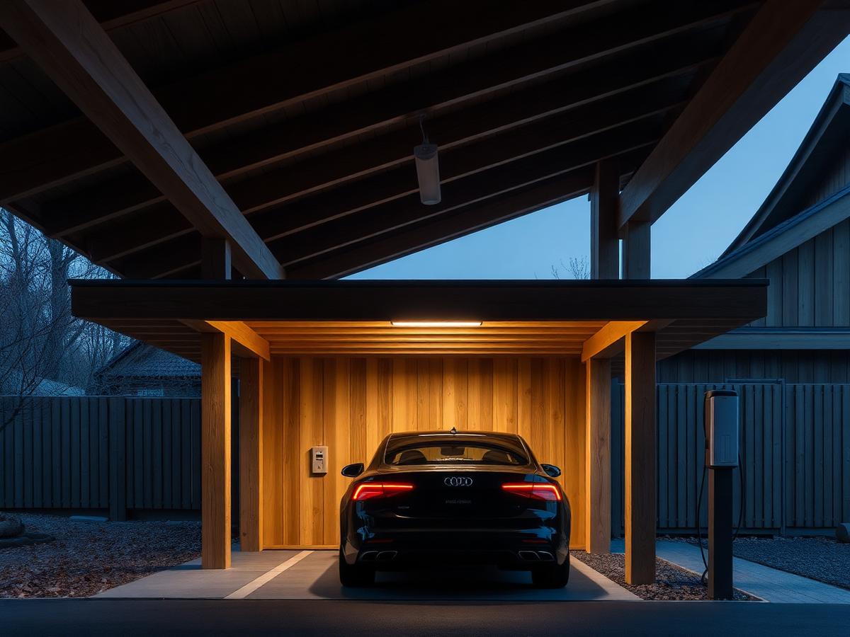Insidan av carporten med limträpelare och laddbox