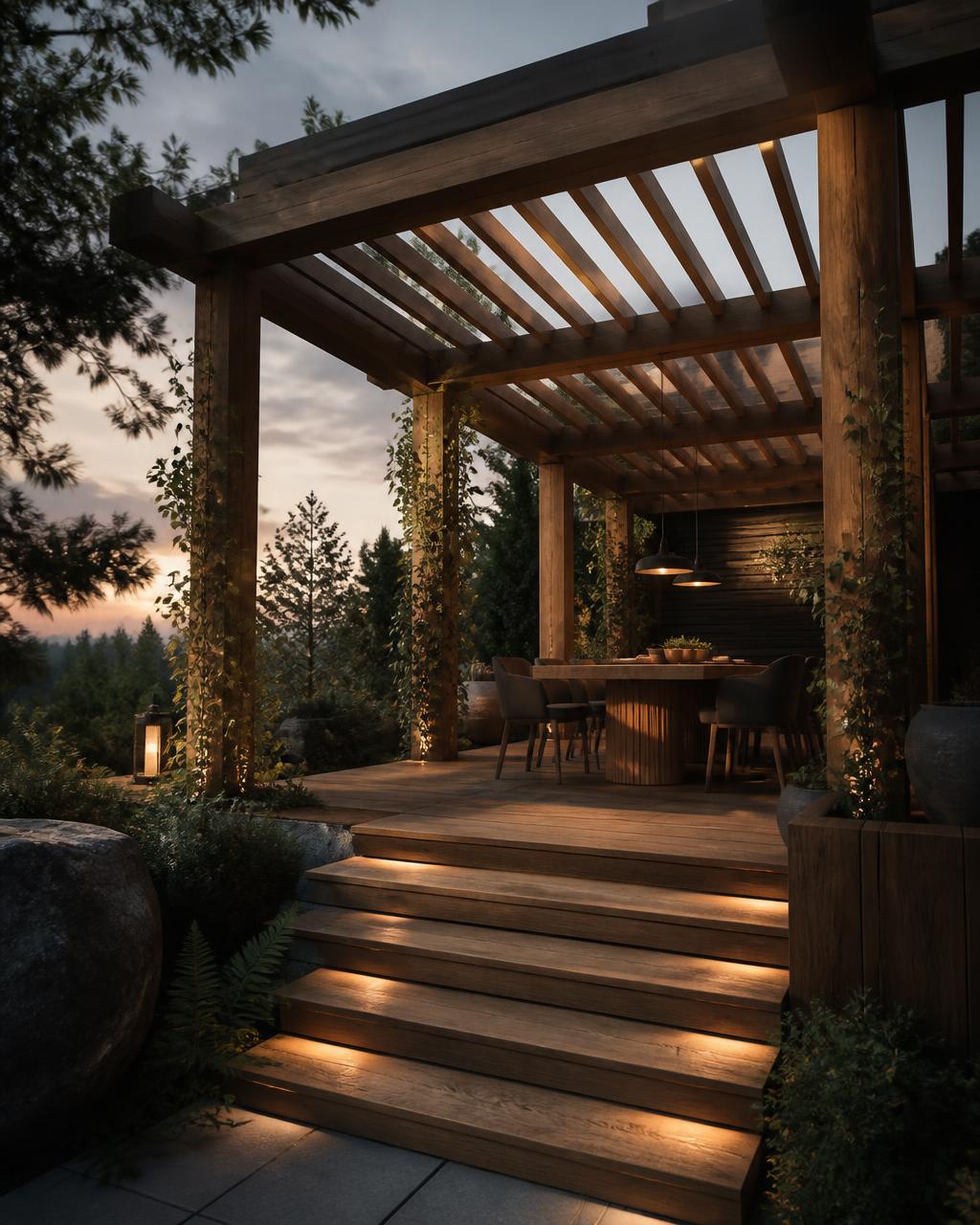 Ekbeklädd pergola med spalttak och trätrappa med integrerad belysning