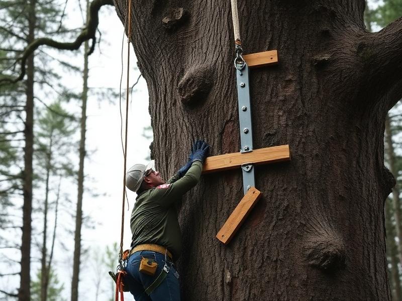 Carpenter installs steel support bolts into a large tree trunk