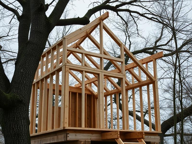 Wall skeleton and roof rafters of a tree house being assembled