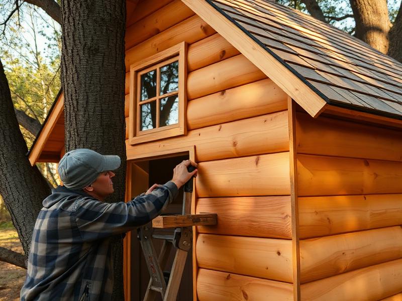 Carpenter installing cedar cladding and shingled roof on a tree house