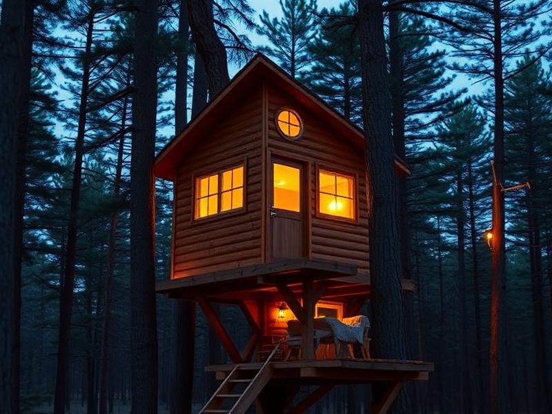 Finished handcrafted wooden tree house glowing at dusk